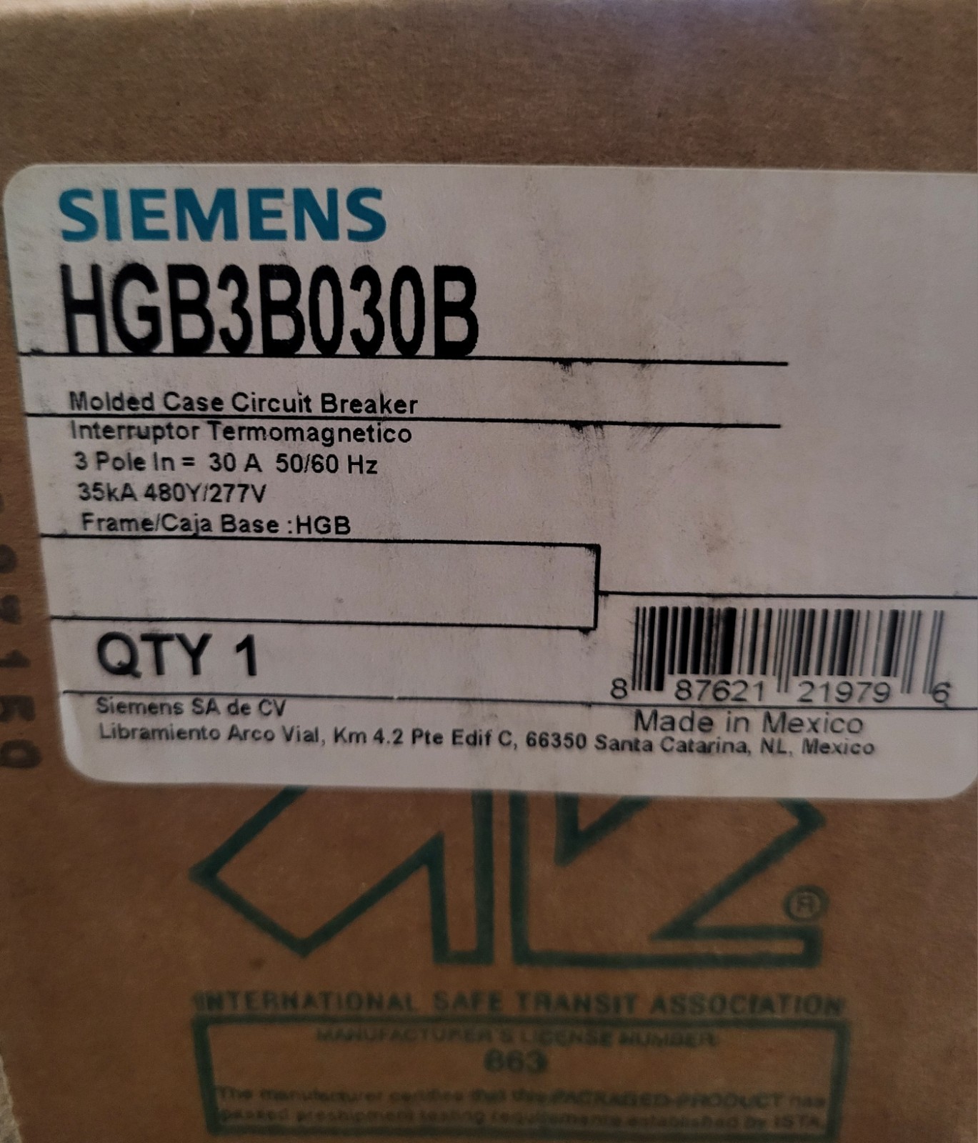 SIEMENS HGB3B030B Breaker 30A