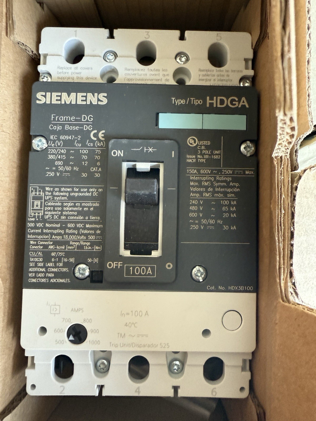 Siemens HDX3B100 Circuit Breaker 100A 600V 3P 20kA w/ Shunt Trip
