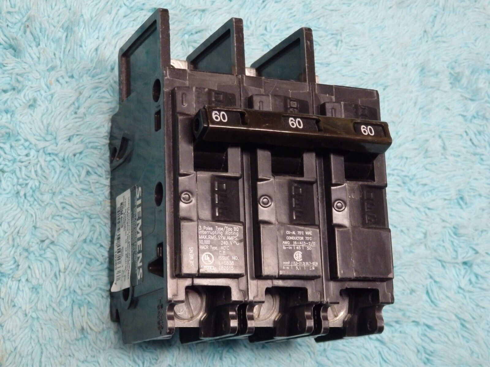 SIEMENS BQ3B060 60 Amp, 240 Volt, 3 Pole, 10K Circuit Breaker  EXCELLENT