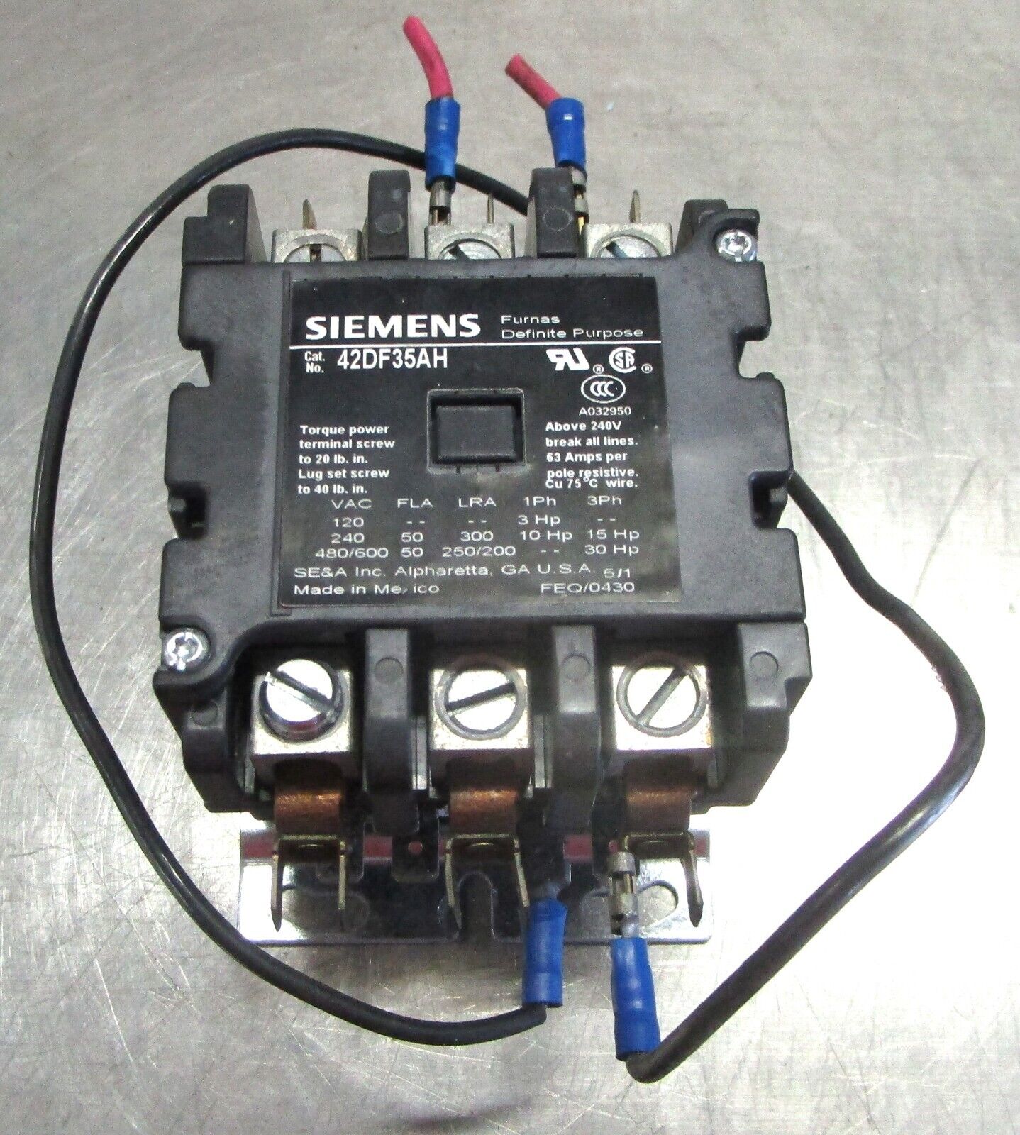Siemens 42DF35AH Definite Purpose Contactor 50 Amp 440-480V Coil   H9