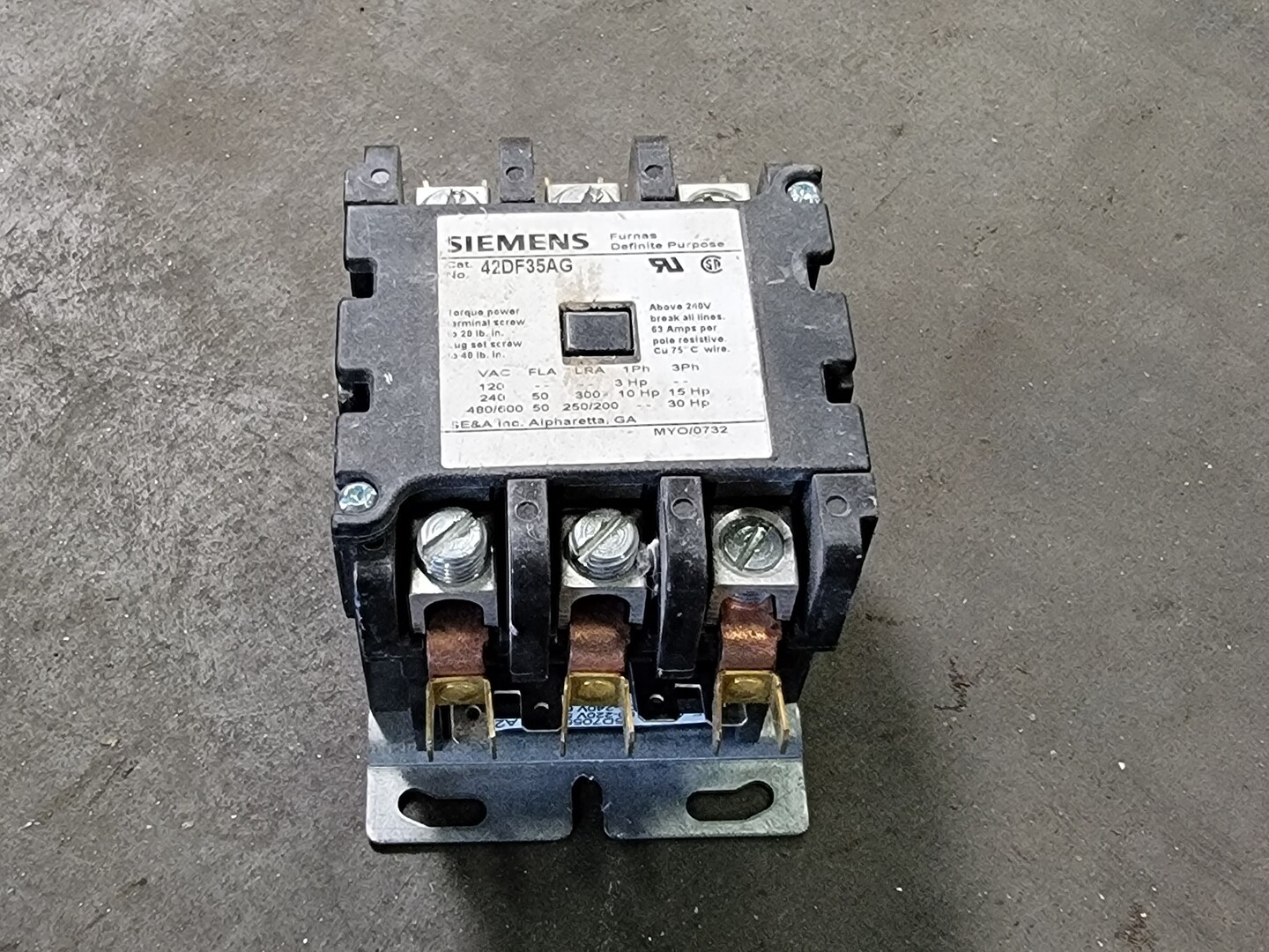 SIEMENS 50 Amp, 3 Pole, 190-220/208/240 VAC Coil Contactor 42DF35AG