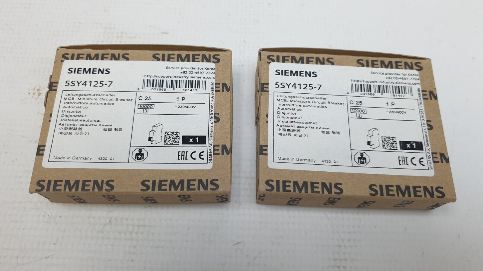 Lot of 2 Siemens Miniature Circuit Breakers (MCB) 5SY4125-7, C25, 1P  New