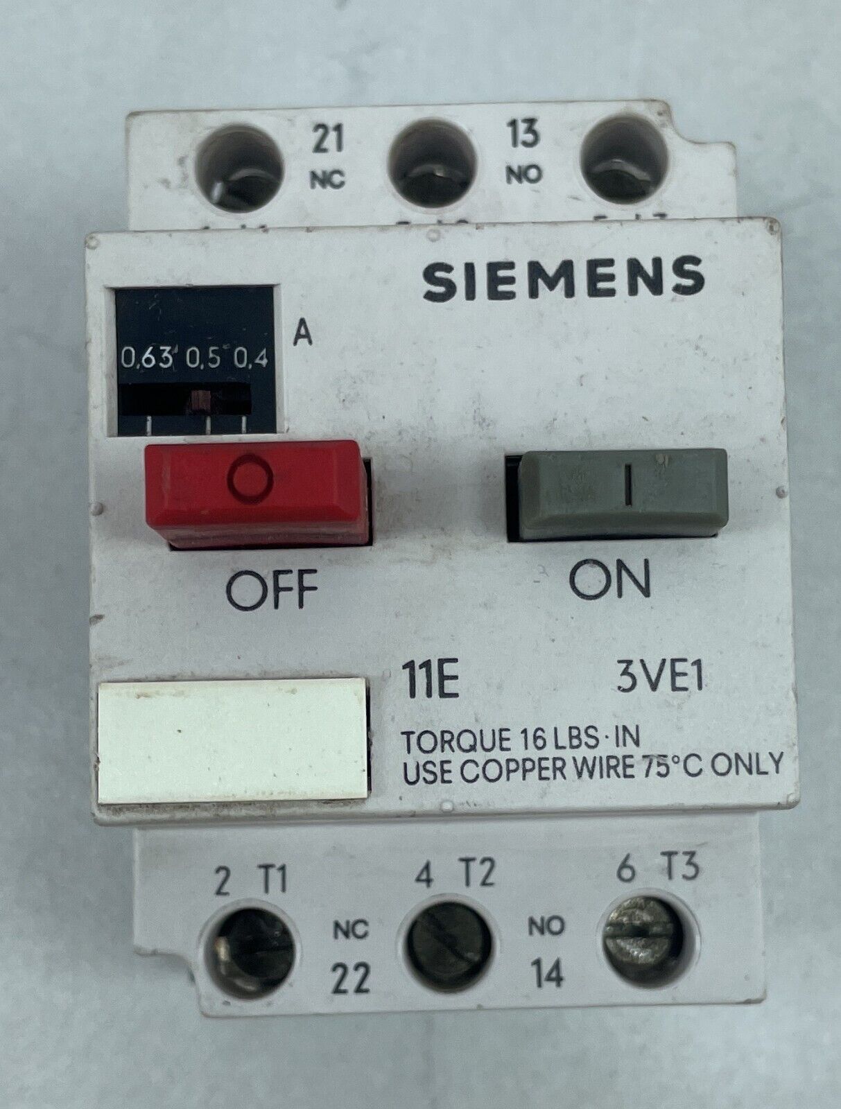 Siemens 3VE1010-2E Motor Switch Protection Circuit Breaker 20 AMP. 300V AC