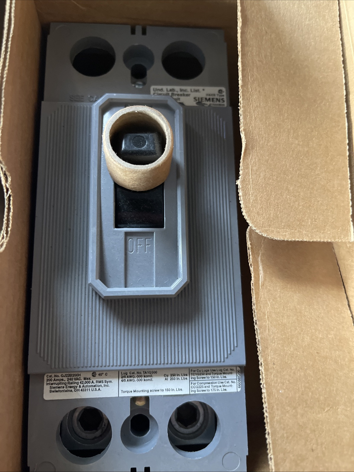 Siemens QJ22B200H 240VAC 2-Pole Molded Case Circuit Breaker New
