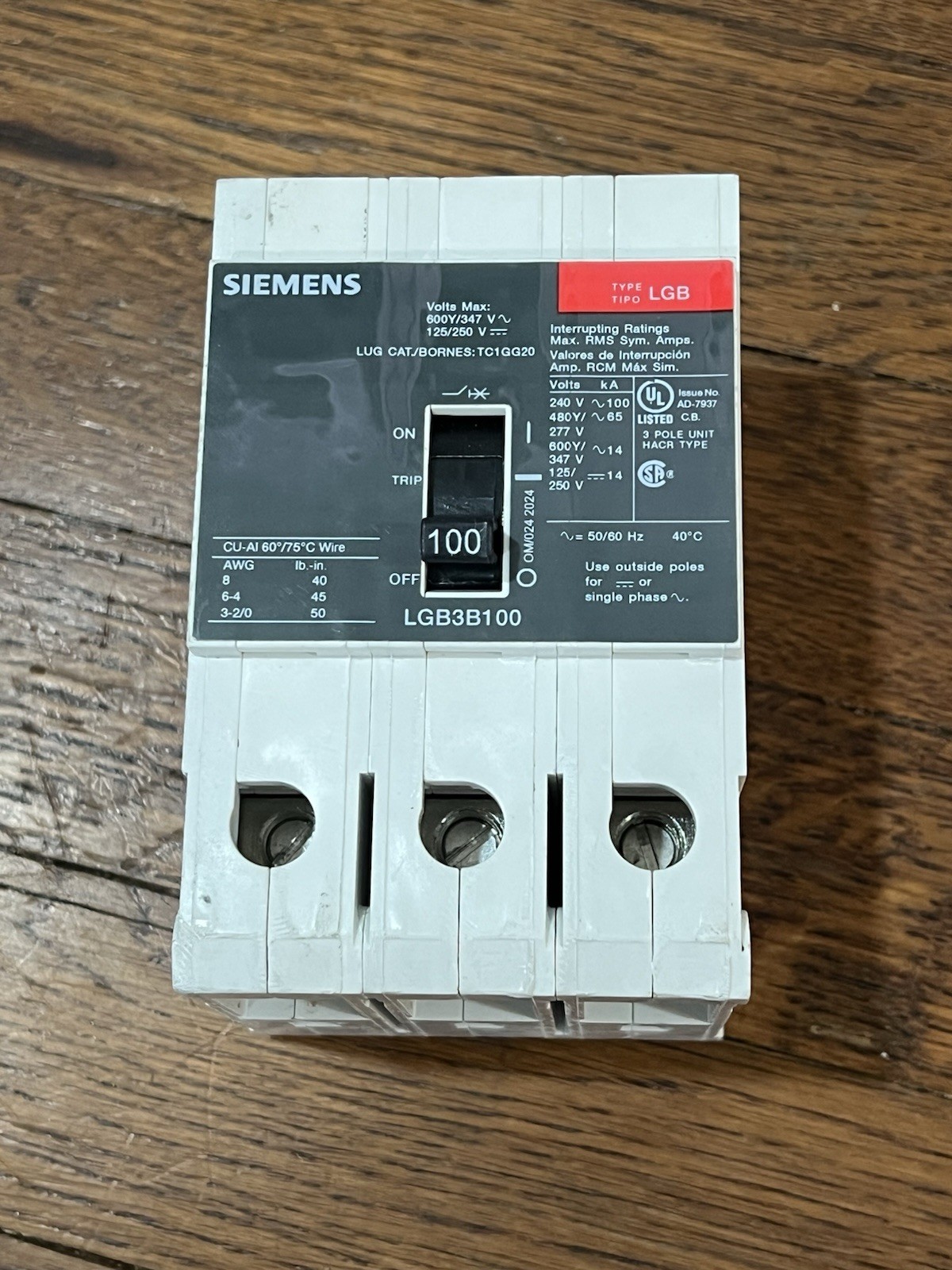 Siemens LGB3B100B 3 Pole 480V Circuit Breaker