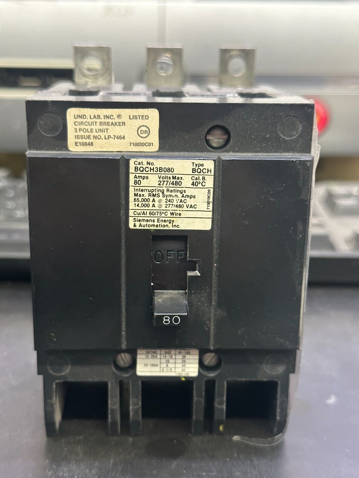 BQCH3B080 - SIEMENS 80 AMP 3 POLE 277/480V BOLT ON CIRCUIT BREAKER