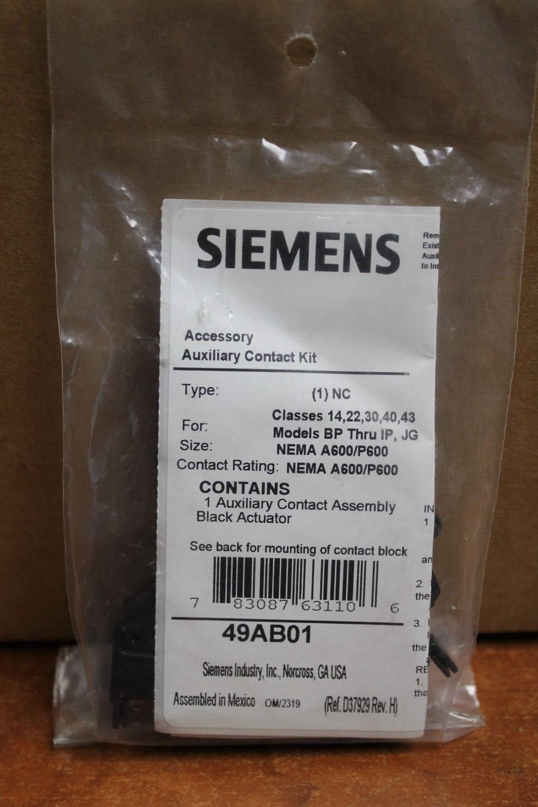 SIEMENS 49AB01  AUXILIARY CONTACT KIT