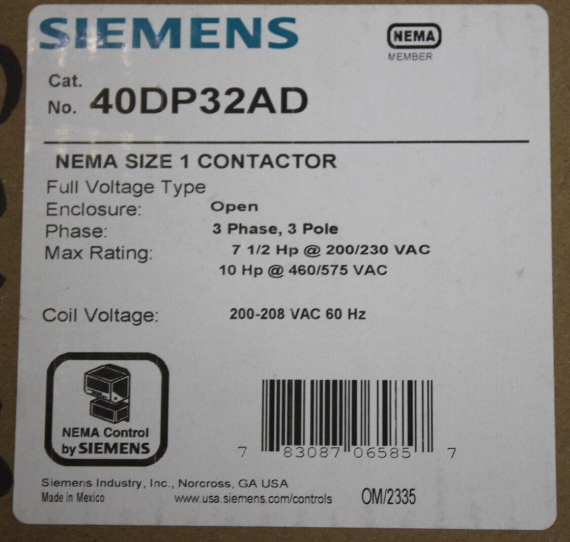 SIEMENS 40DP32AD NEMA SIZE 1 CONTACTOR, 3PH, 3P NIB