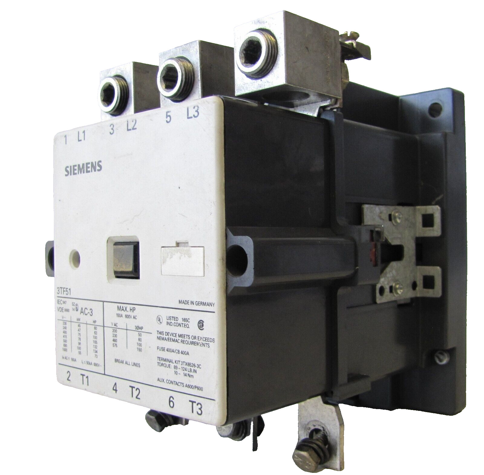 Siemens Motor Control Contactor 600V 450Amp 3-Pole 3-Phase 3TF51 W/ AC Coil