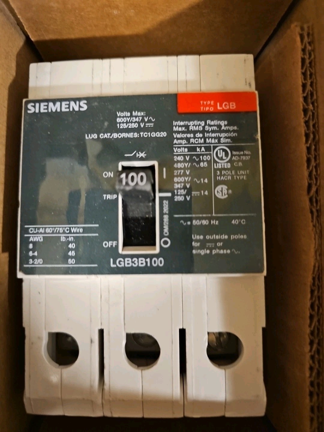 Siemens LGB3B100B 3 Pole 480V Circuit Breaker