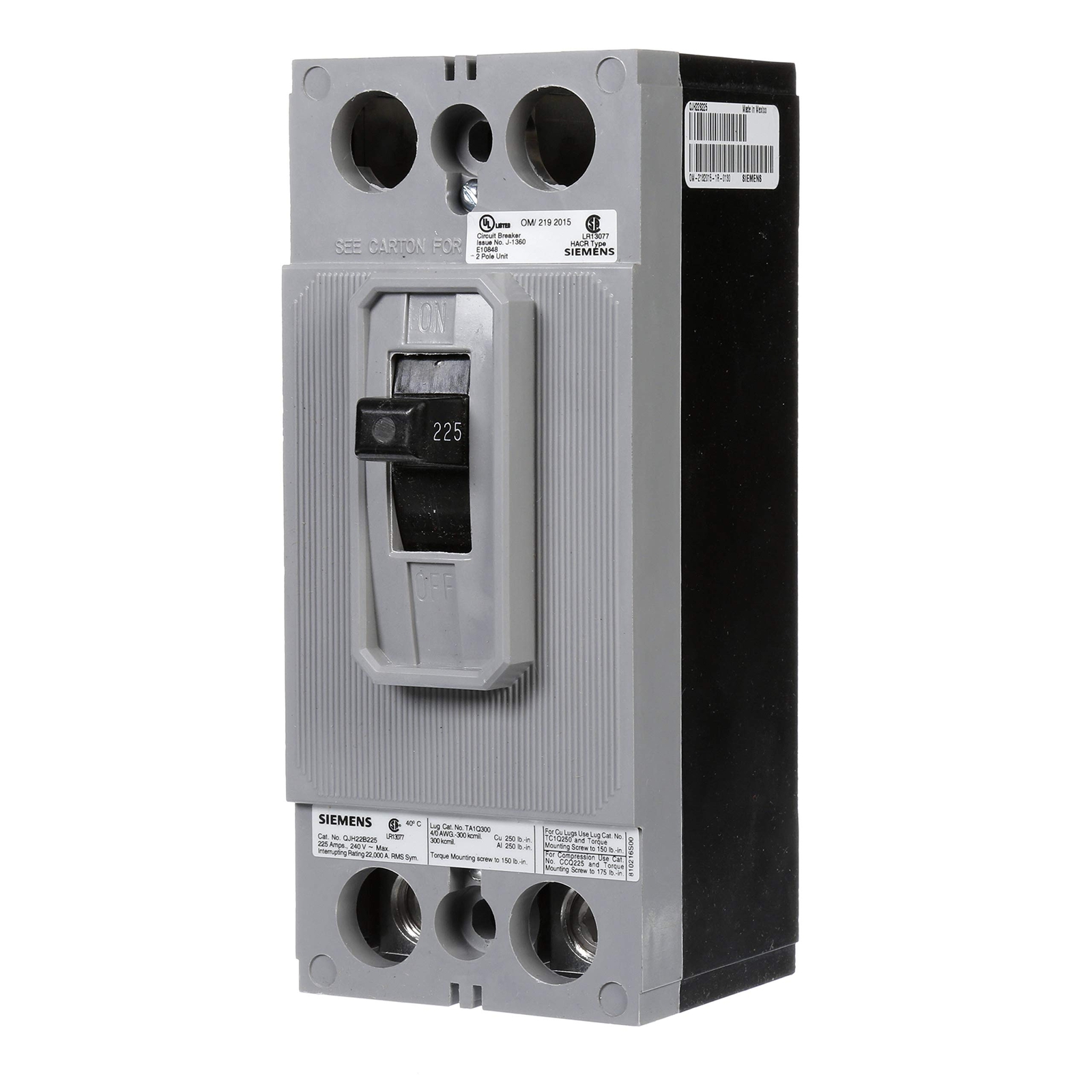 Siemens QJH22B225 225-Amp Three Pole 240-Volt 22KAIC Breaker