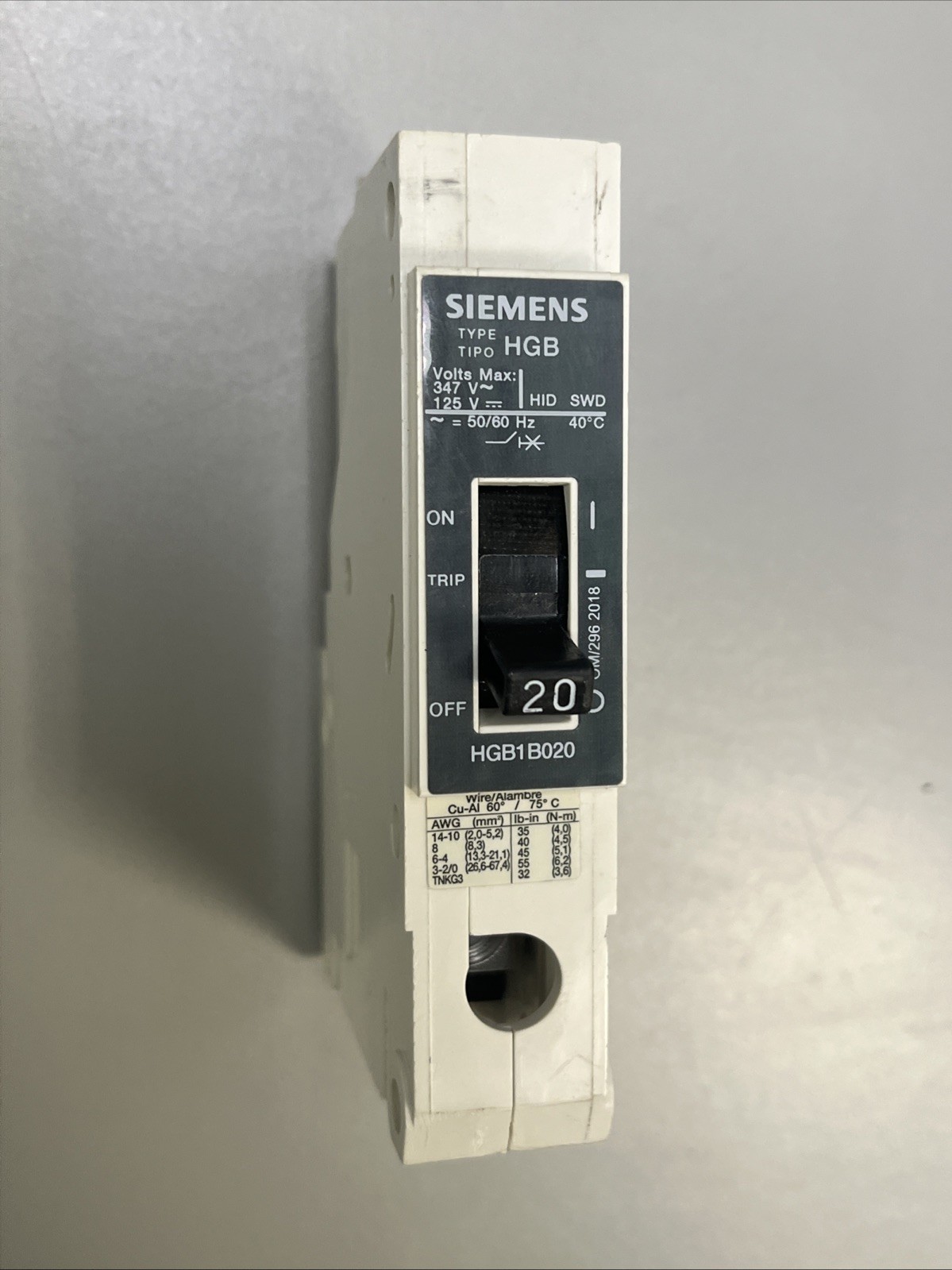 NEW OPEN BOX SIEMENS HGB1B020B TYPE HGB 20 AMP 347VAC *TESTED WORKING*