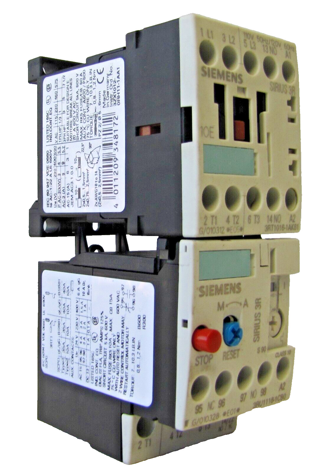 Siemens 9A Motor Starter Contactor 3RT1016-1AK61 with Overload Relay 120V Coil
