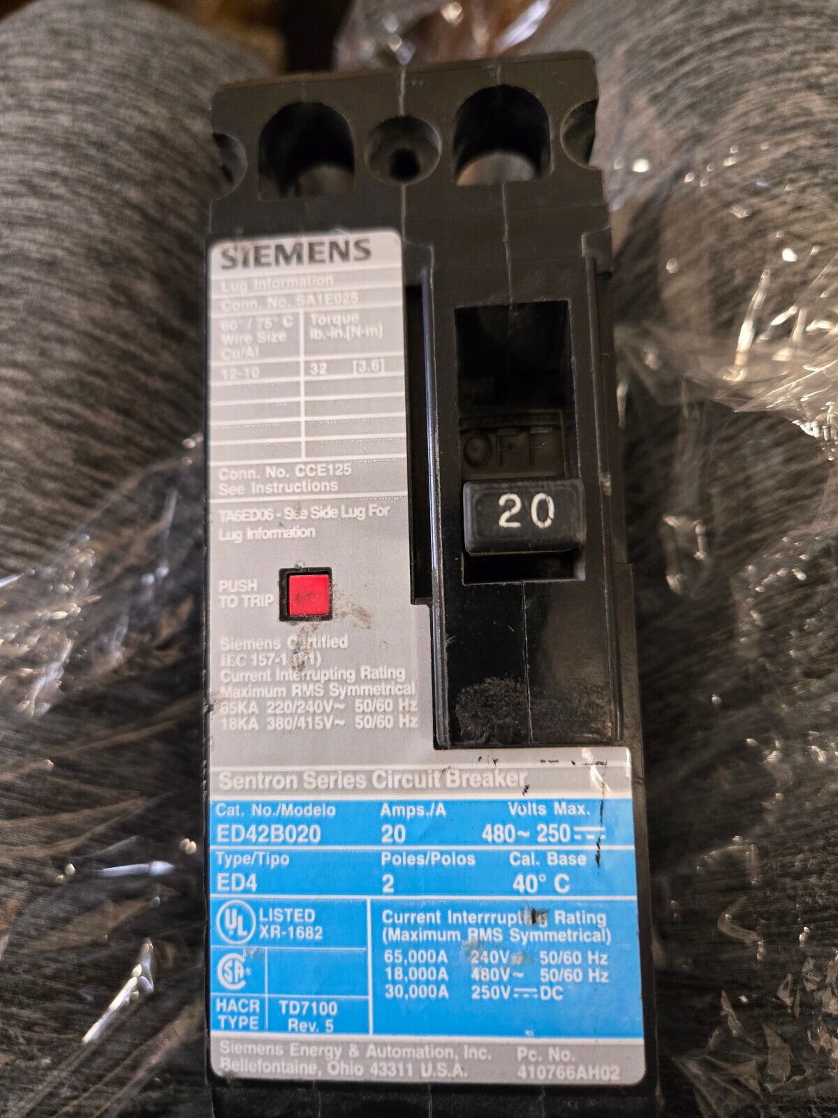 ED42B020 - Siemens Lug In Panelboard 480V 20A 2 pole circuit breaker 18kA@480V