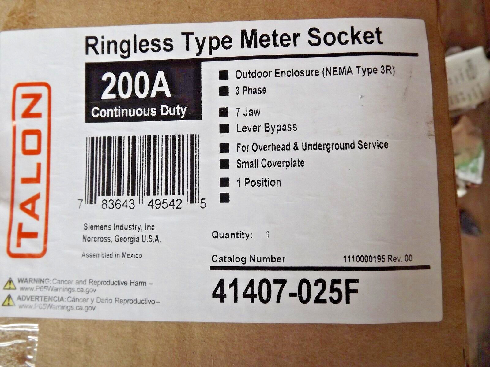 41407-025F Talon Meter socket 200a Siemens 3 phase, 3R, 7 jaw nib
