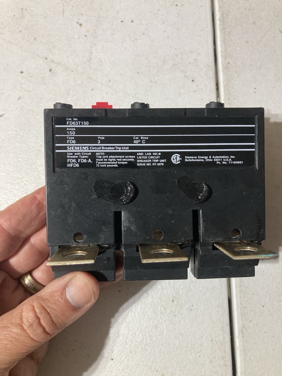 Siemens FD63T150 Circuit Breaker Trip Unit 3 Pole 150A 600VAC *171