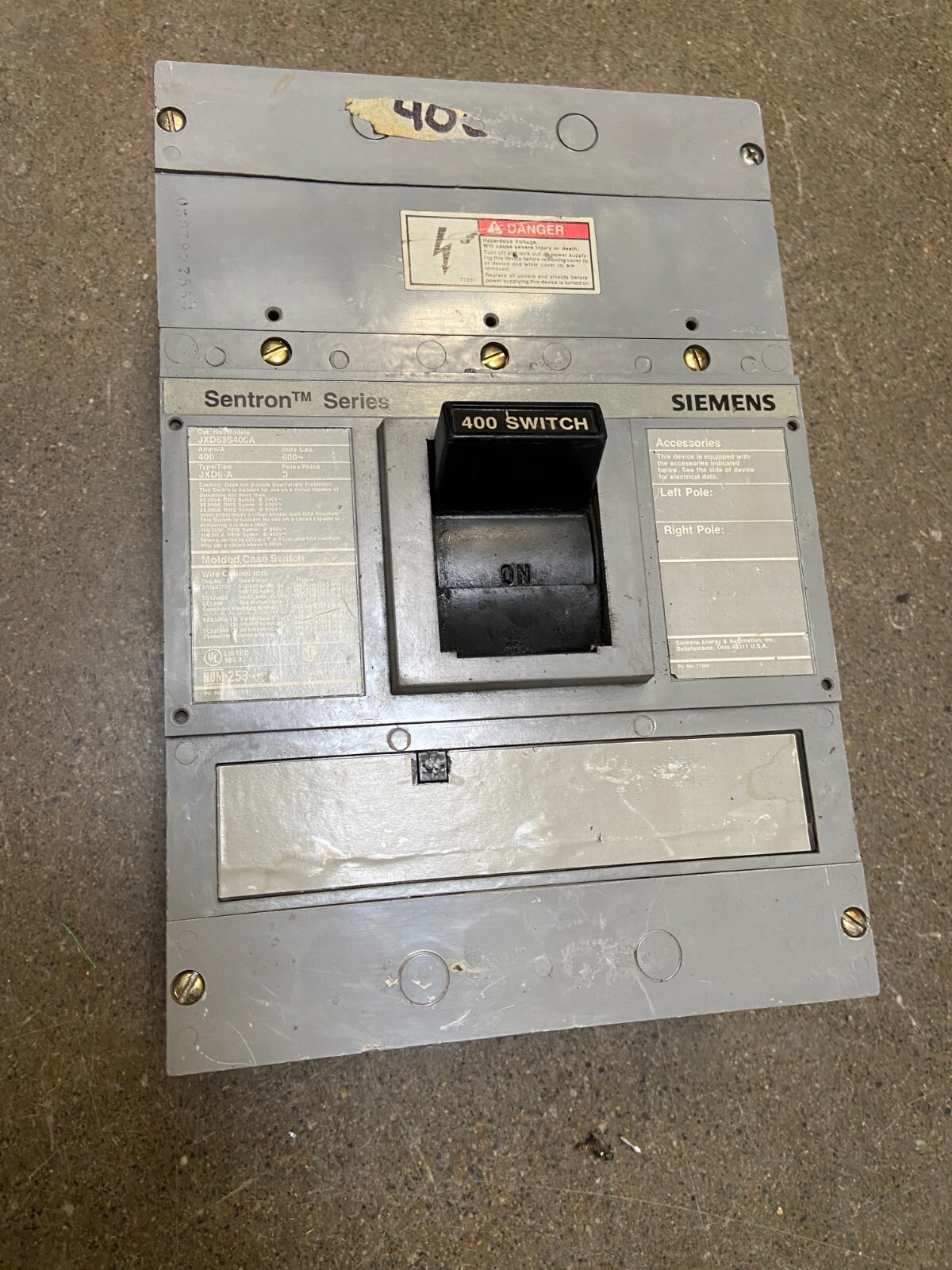 SIEMENS JXD63S400A MOLDED CASE SWITCH 600VAC 400A 3P TYPE JXD2-A SENTRON SERIES
