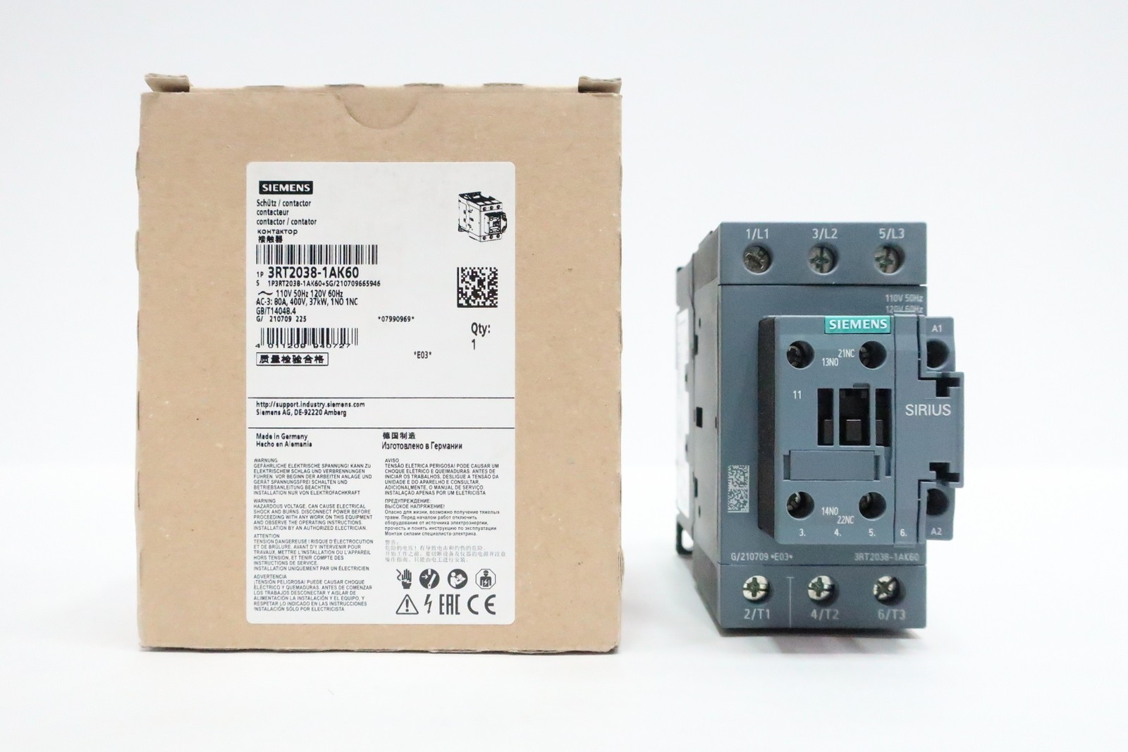 Siemens 3RT2038-1AK60 Power Contactor 120v-ac 80a Amp 37kw