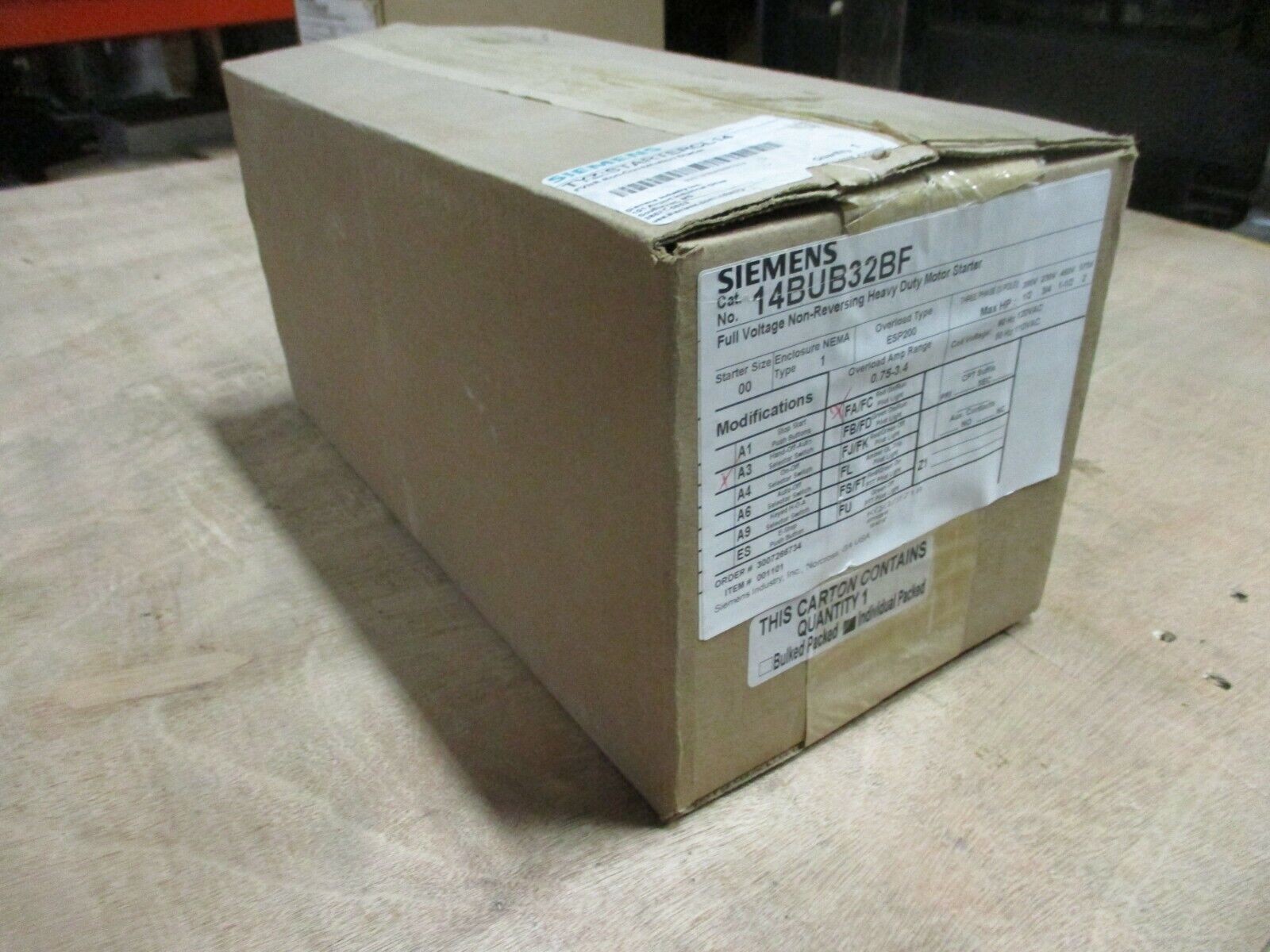 Siemens Enclosed Size 00 Starter 14BUB32BF 120V Coil Trip: 0.75-3.4A New Surplus