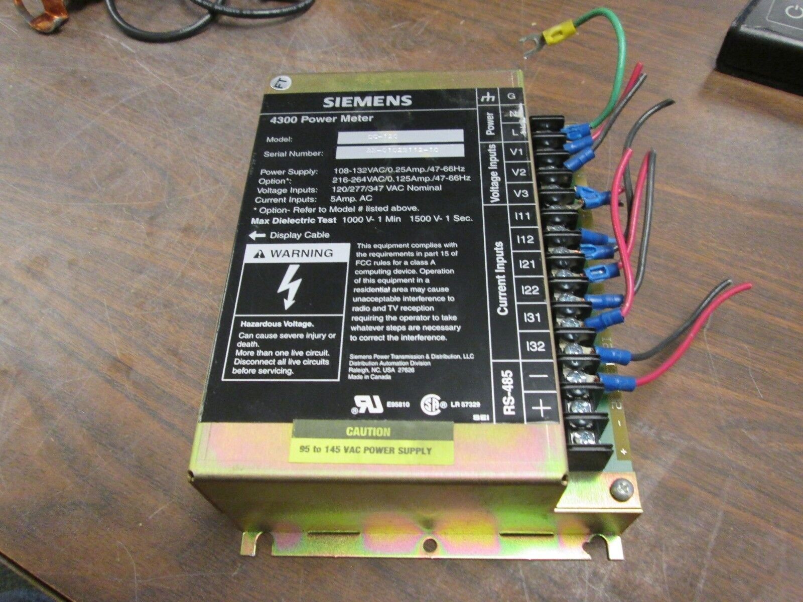 Siemens 4300 Power Meter DC-120 Power Supply: 108-132V 0.25A 47-66Hz Used