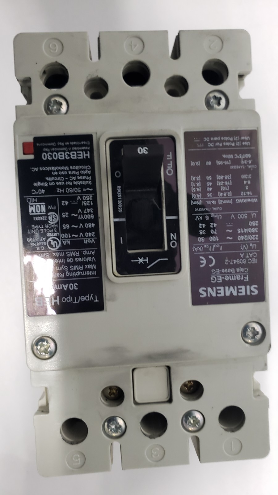 Siemens HEB3B030 Circuit Breaker 30 Amp 480 Volt 3 Pole