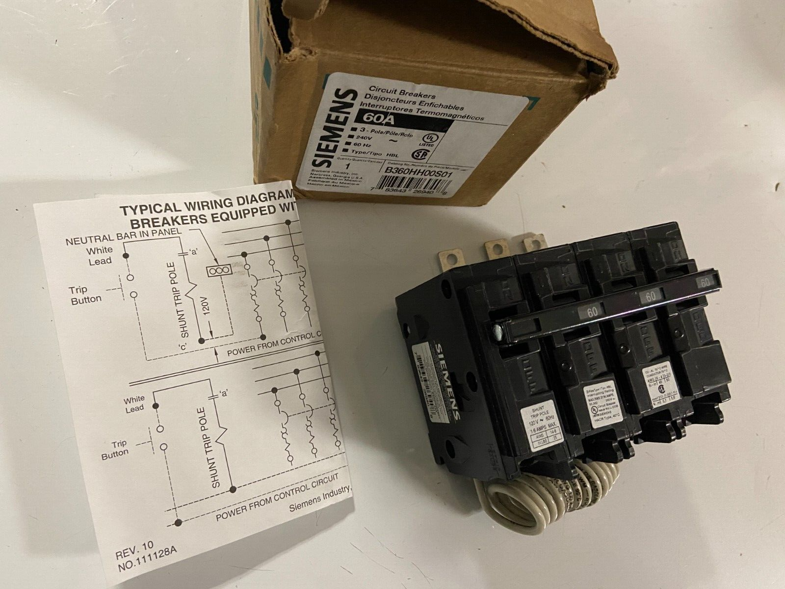 SIEMENS B360HH00S01 60A 65K AIC WITH 120V SHUNT NEW IN BOX