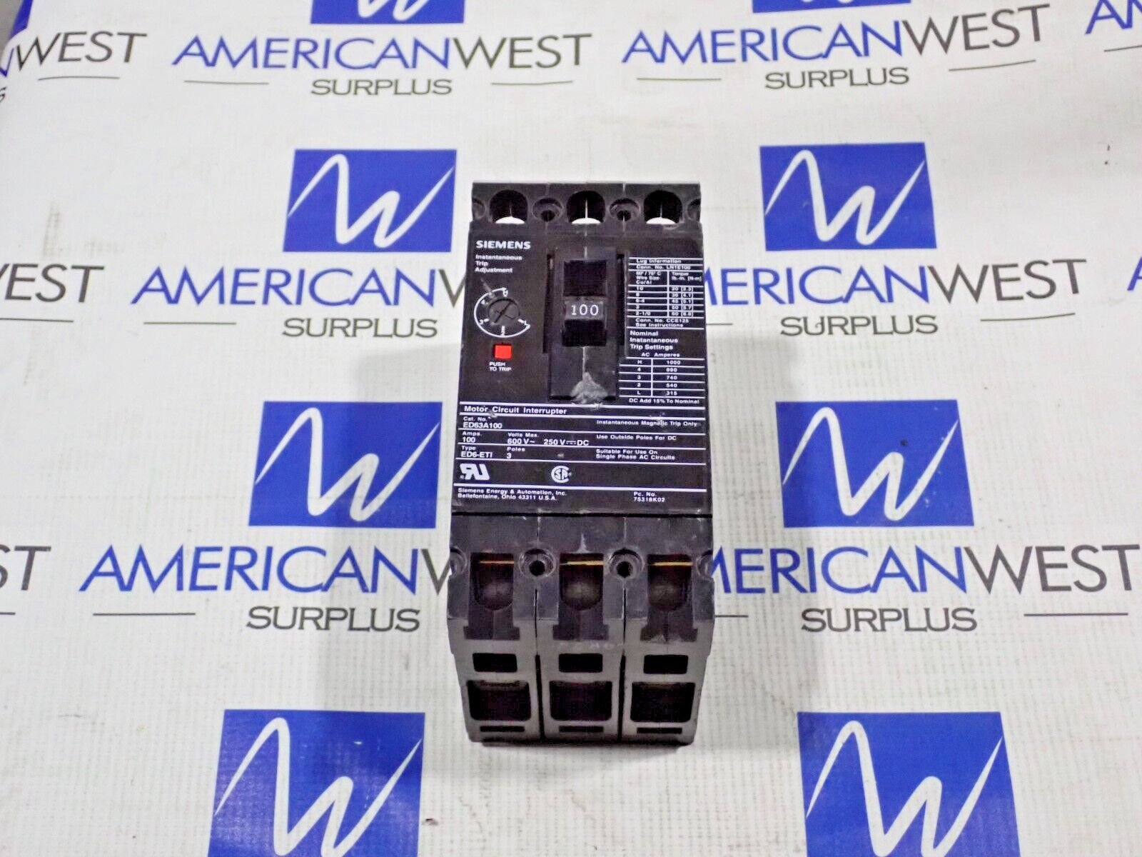 Siemens ED63A100 100 Amp 600 VAC 3 Pole Type ED6-ETI Motor Protector TESTED chip