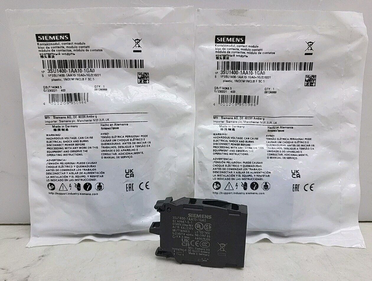 2 Pack Siemens 3SU1400-1AA10-1GA0 Contact Module 1 NO Leading + 1 NC Lagging New