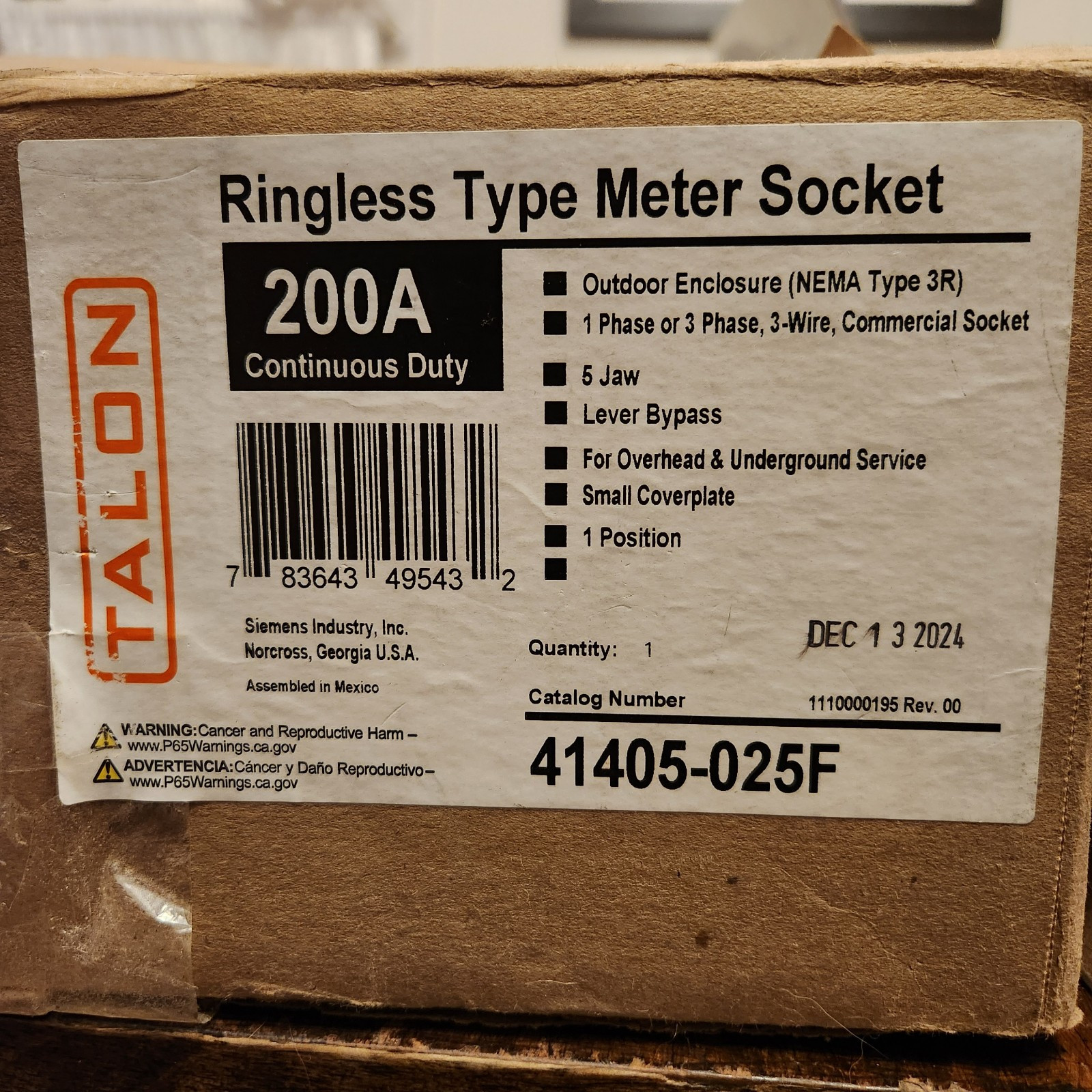 41405-025F TALON SIEMENS, 200 AMP, 1 PAHASE OR 3 PHASE 3 WIRE 5 JAW Needs COVER
