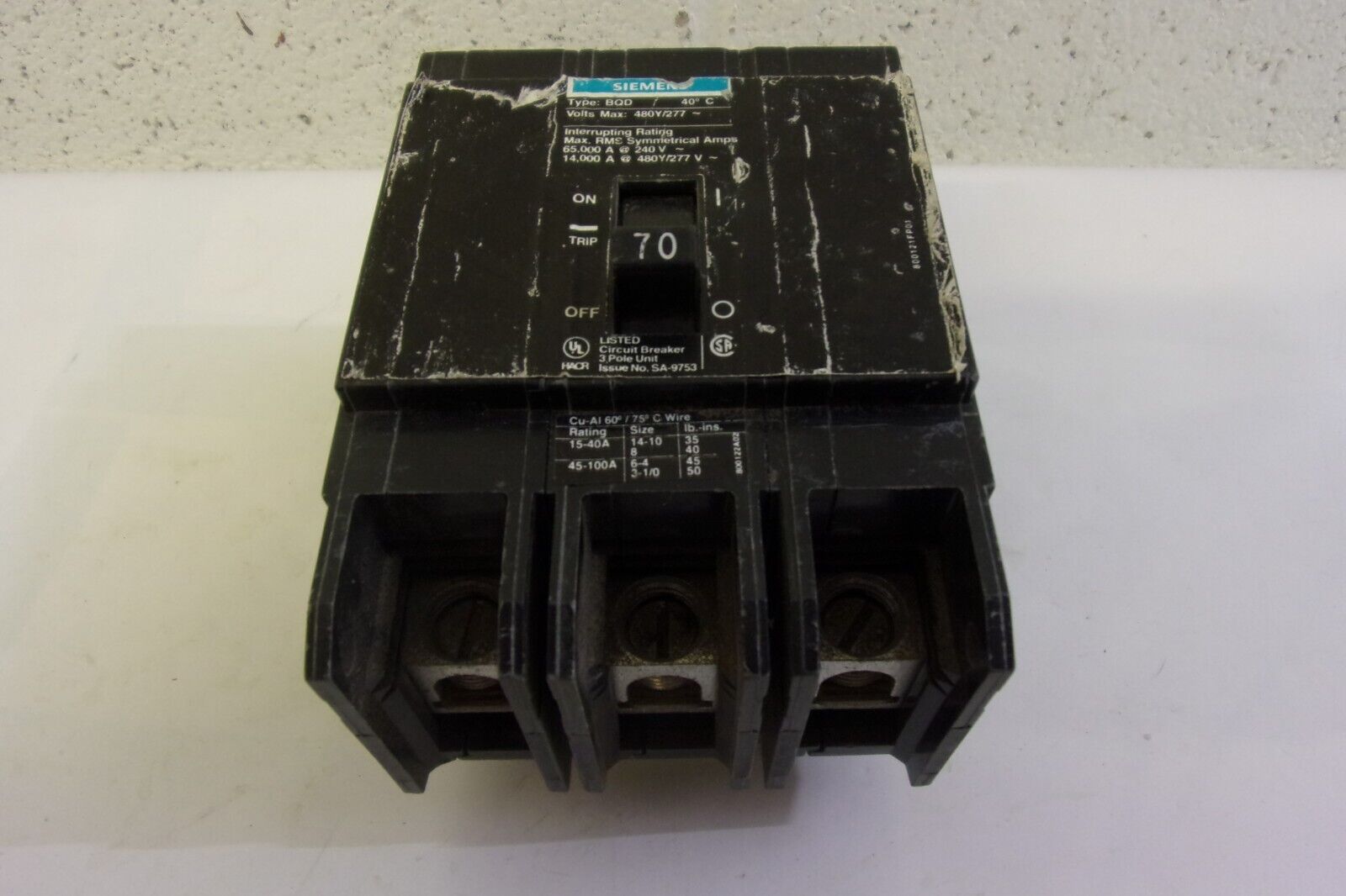 SIEMENS BQD370 70 AMP BOLT-ON CIRCUIT BREAKER 3 POLE 480/277 VAC 65 kA @ 240V