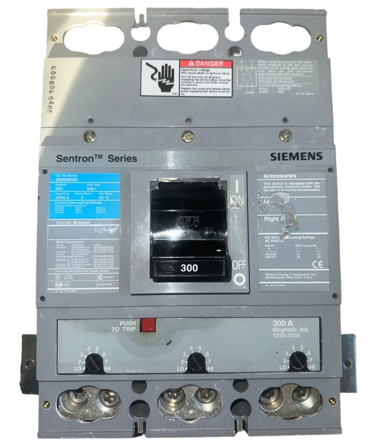 Siemens Sentron JXD63B300 300 Amp 3 Pole 600V JXD Circuit Breaker