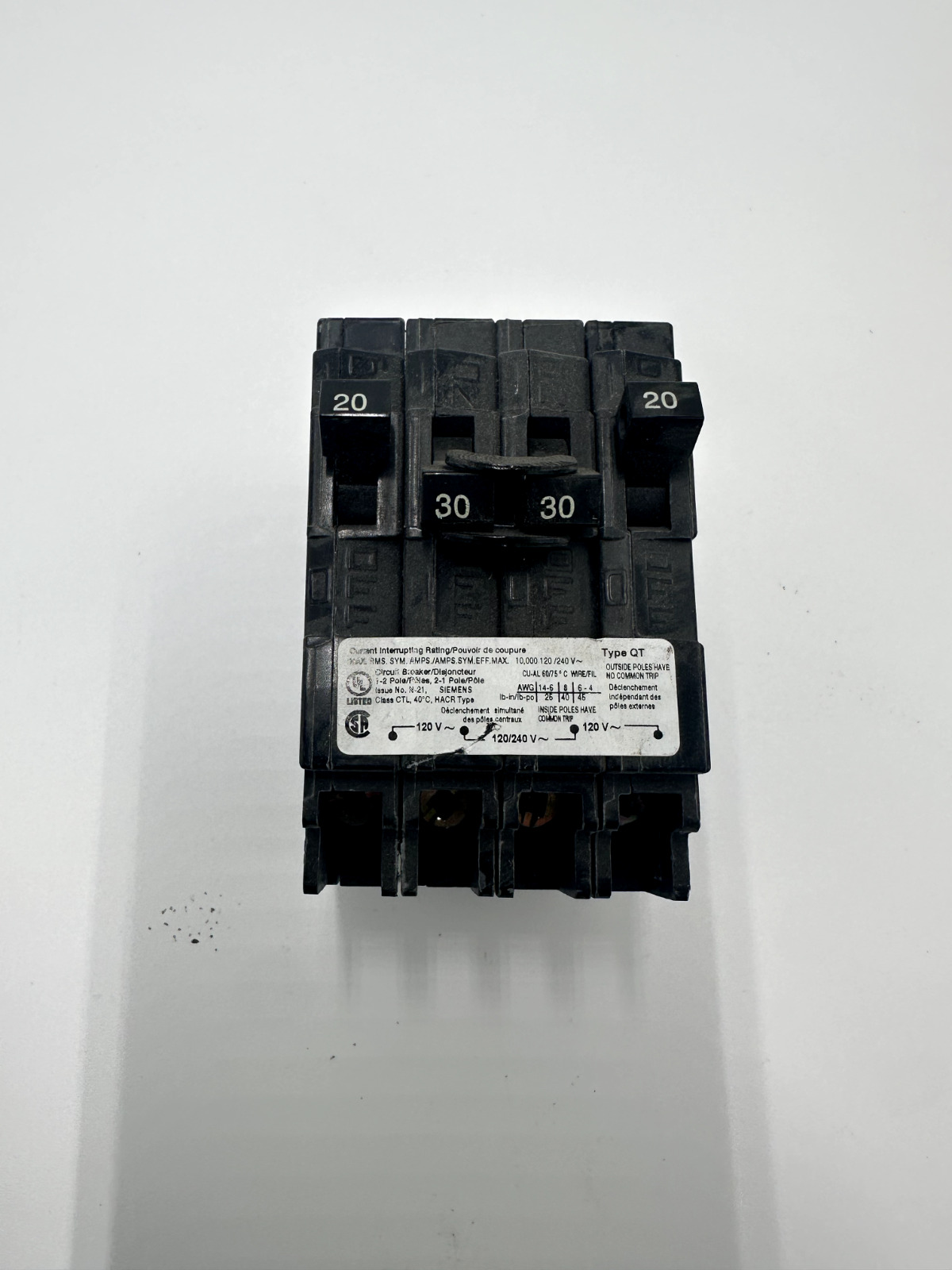 Siemens Q22030CT 30-Amp Double Pole Two 20-Amp Single Pole Circuit Breaker