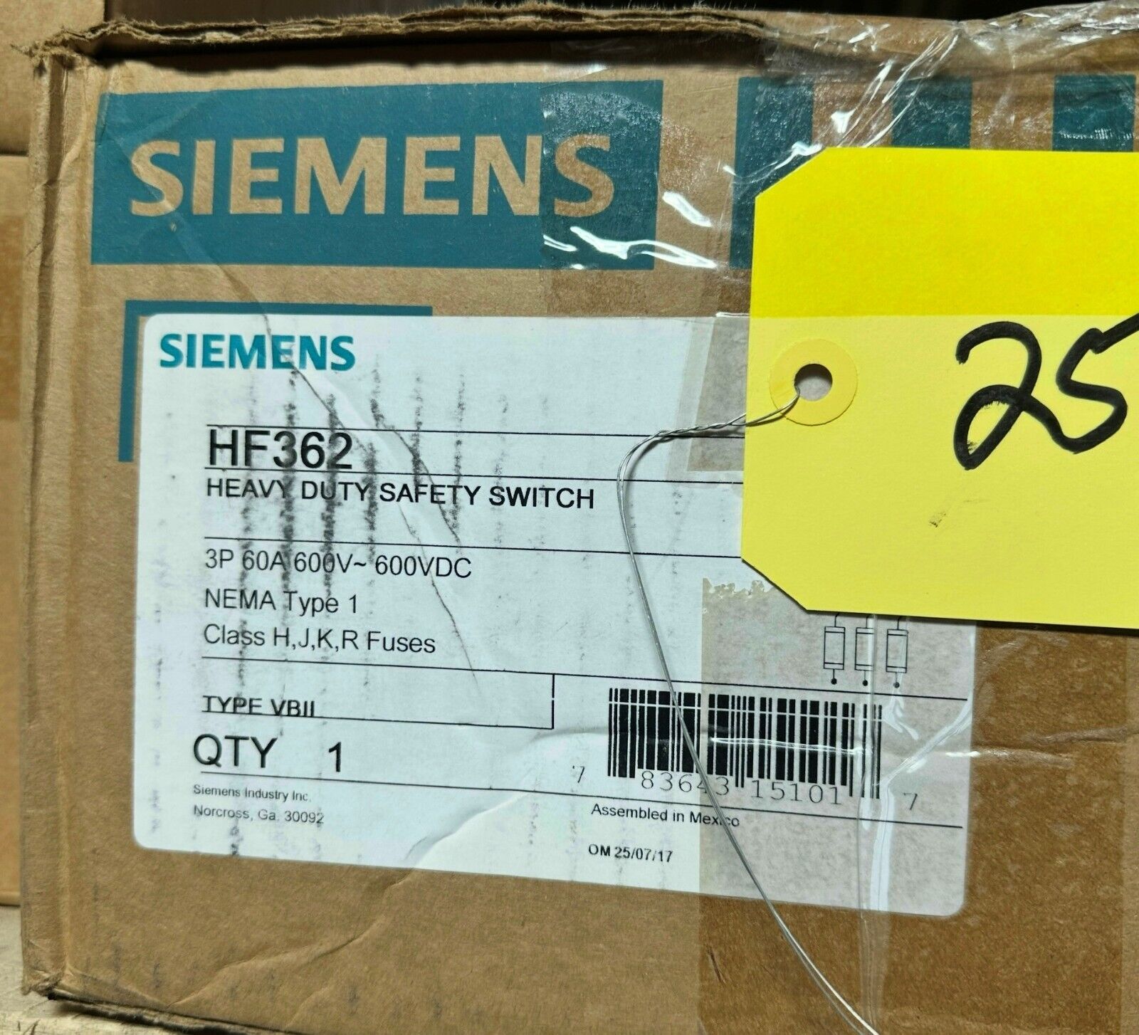 Siemens HF362 Heavy Duty Fusible Safety Switch 60A 600V-Vdc - New Surplus in Box