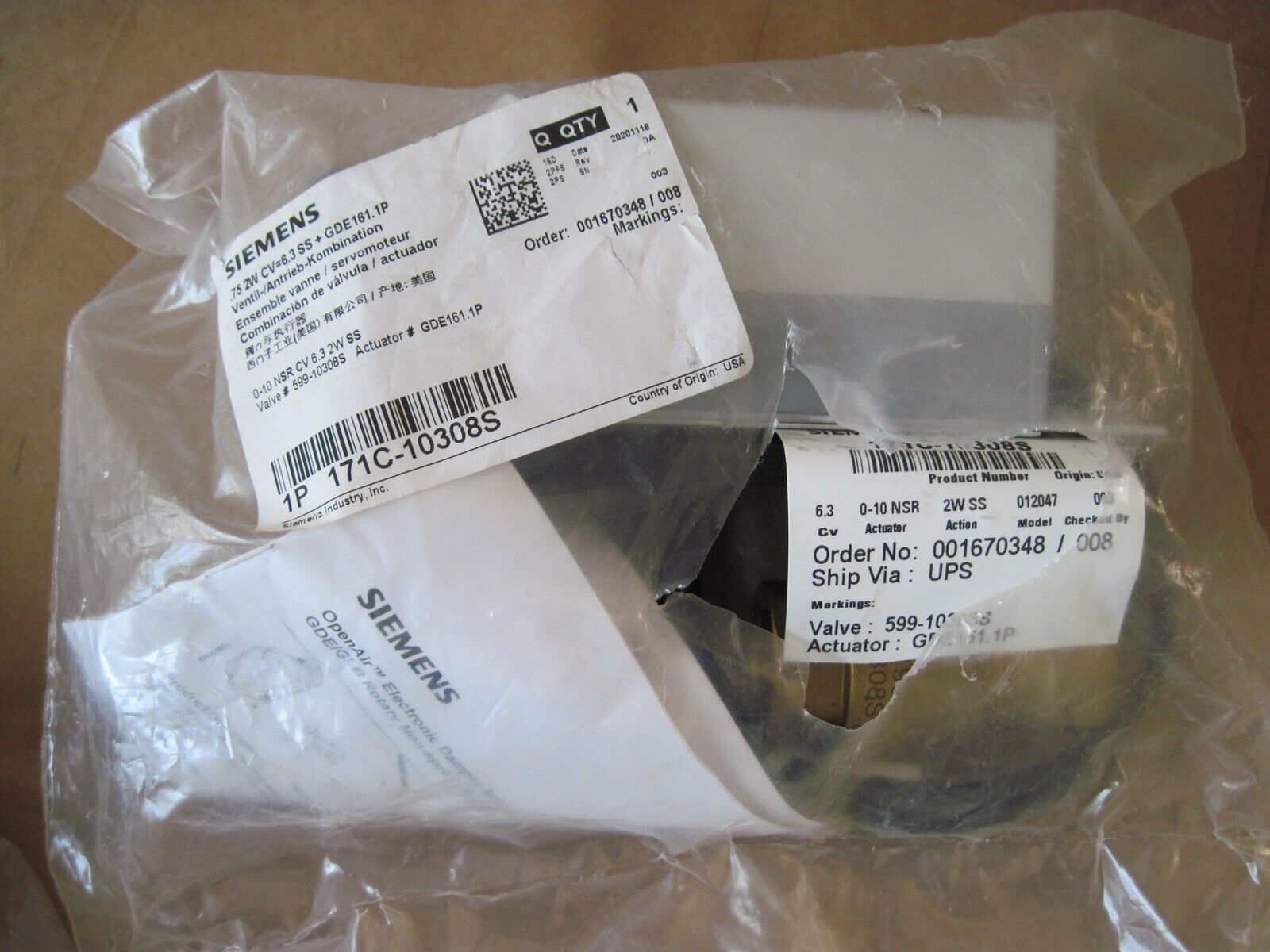 Siemens 171C-10308S 2-Way 3/4" Ball Valve Assembly, 6.3 CV, 24VAC, w/ Actuator