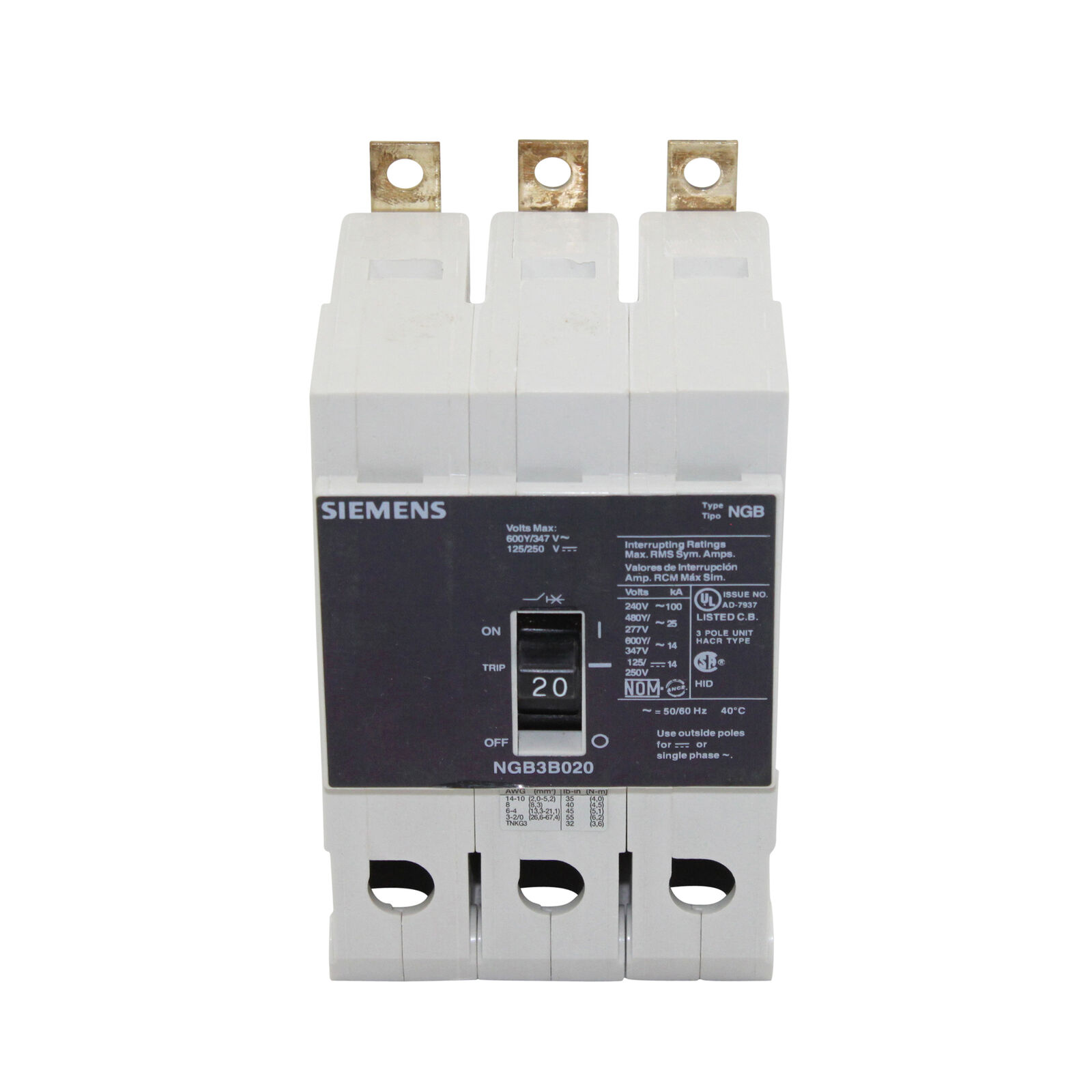 SIEMENS ITE NGB3B020B 20A 277/480V 3P 14KA MOLDED CASE CIRCUIT BREAKER