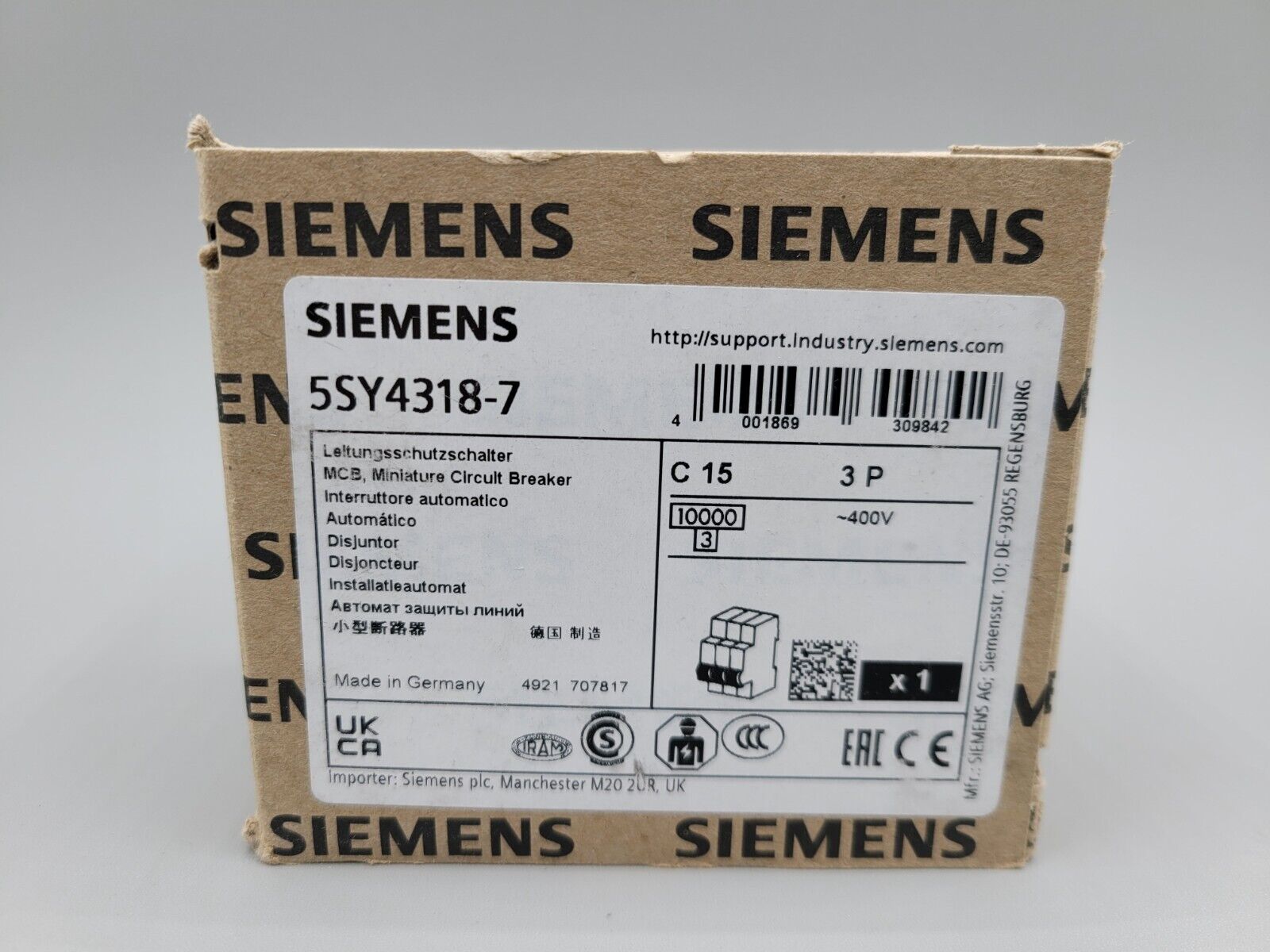 New Siemens 5SY4318-7 MCB Miniature Circuit Breaker 3 Pole 15 Amp 5SY43187