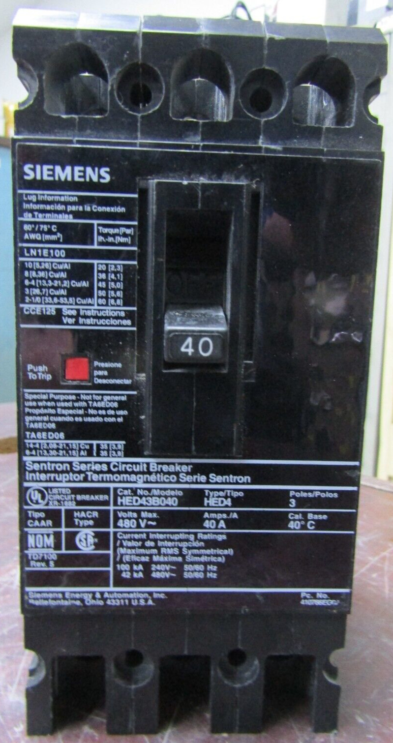 😃 SIEMENS 40 AMP SENTRON SERIES CIRCUIT BREAKER 480 VAC 3 POLE HED43B040