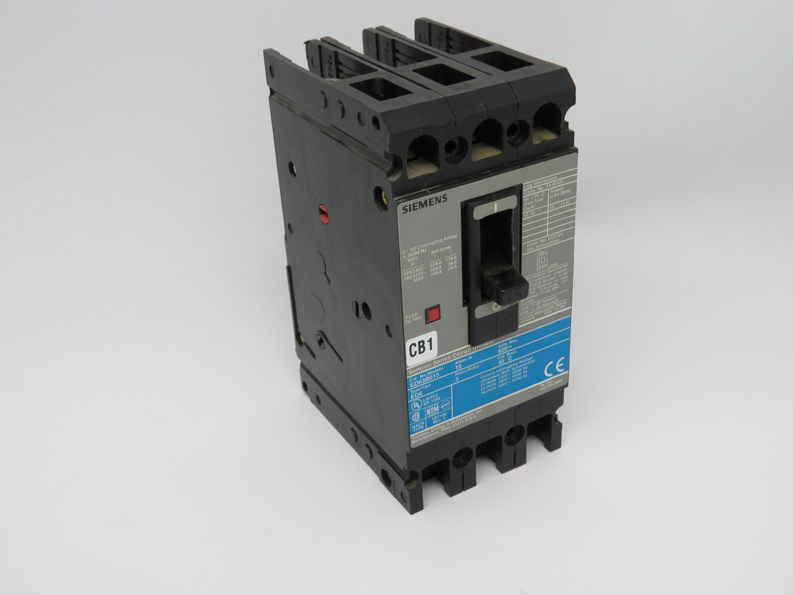 Siemens ED63B015 Circuit Breaker 15A 600VAC 3 Pole MISSING LUG USED
