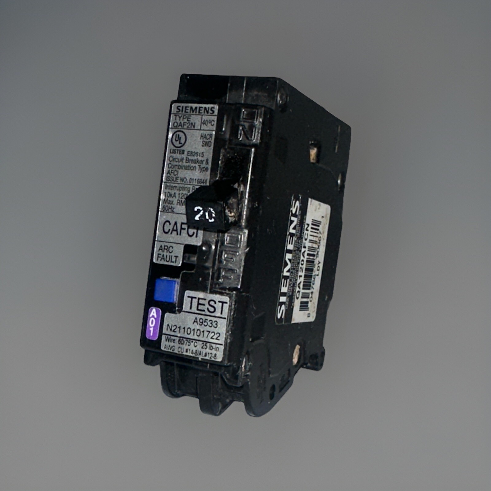 Siemens QA120AFCN 20 Amp 1-Pole AFCI Plug-On Arc Fault Circuit Breaker