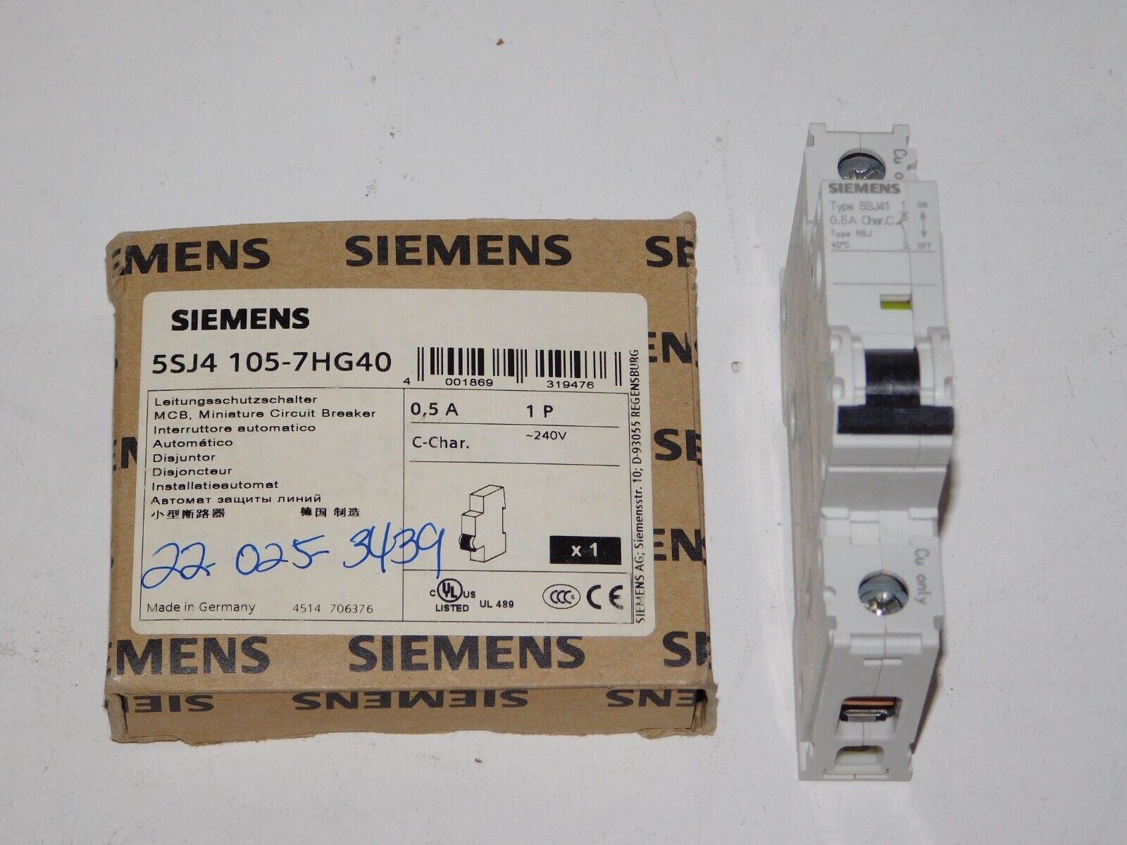 New Siemens 5SJ4-105-7HG40 Miniature Circuit Breaker 0.5A 1P 240V Module Unit