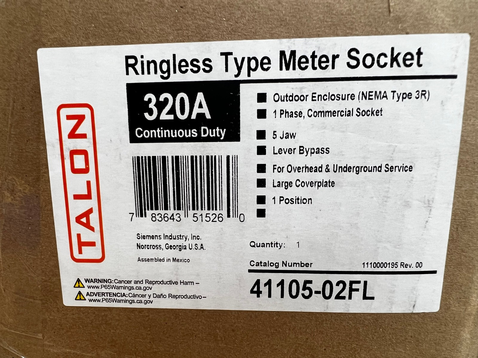 Siemens/Talon 41105-02FL 5 Jaw Ringless Meter Socket 320 Amp 1 Position Lever