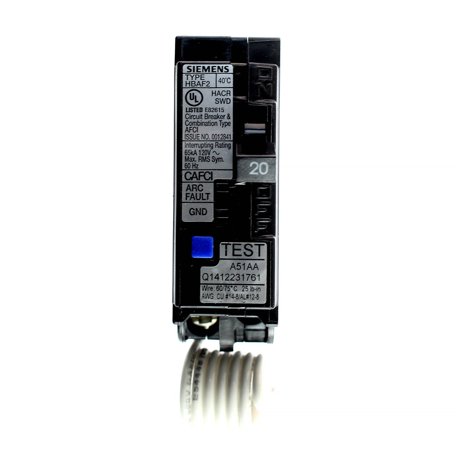 SIEMENS BA120AFCHH BOLT-ON COMBINATION AFCI CIRCUIT BREAKER, 20A, 1-POLE, 120V