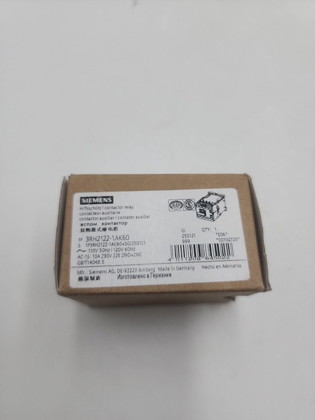 3RH2122-1AK60 SIEMENS Contactor relay, 2 NO + 2 NC, 110 V AC, 50 Hz, 120 V, 60 H