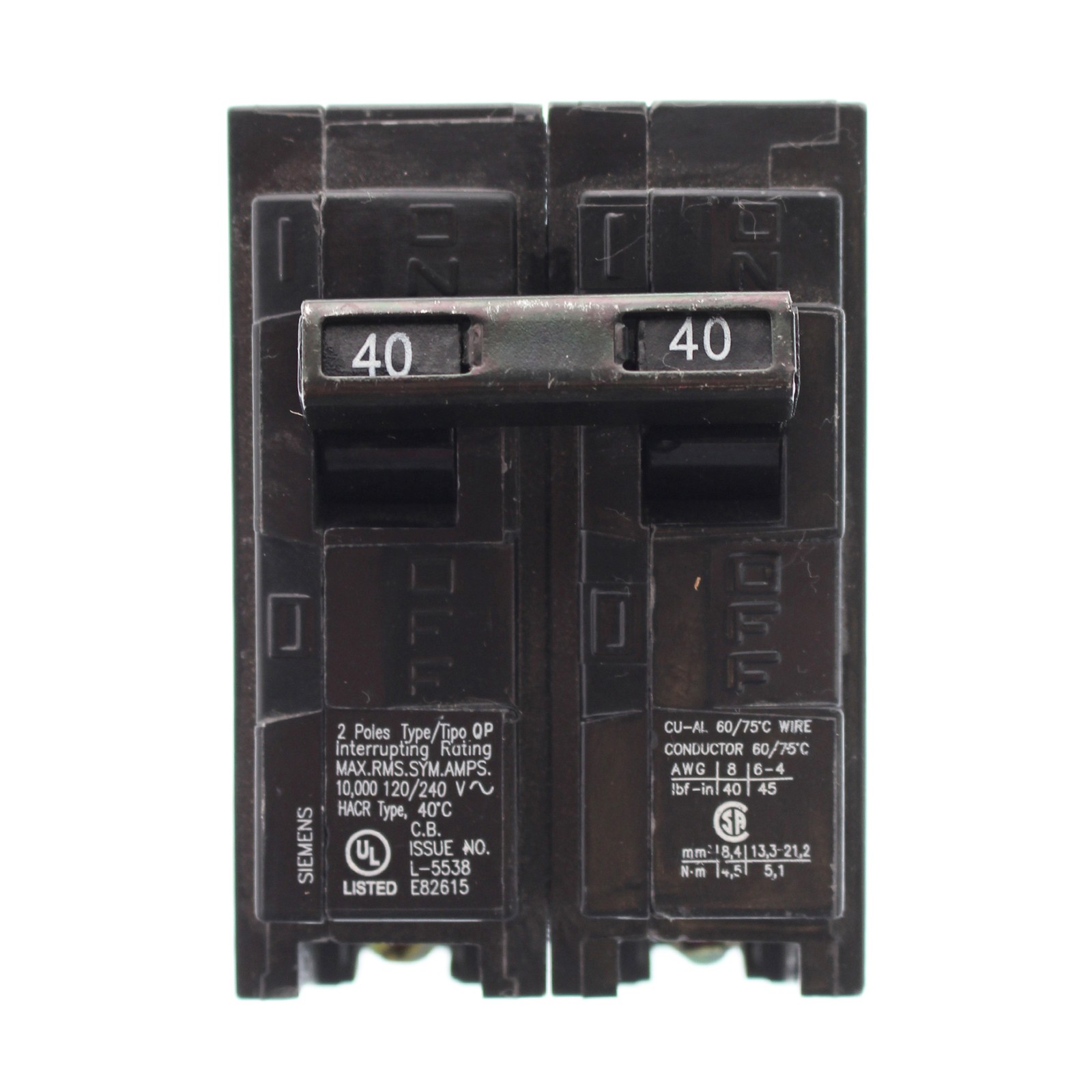 SIEMENS Q240 CIRCUIT BREAKER, 120/240-VOLT, 2-POLE, 40-AMP, TYPE QP