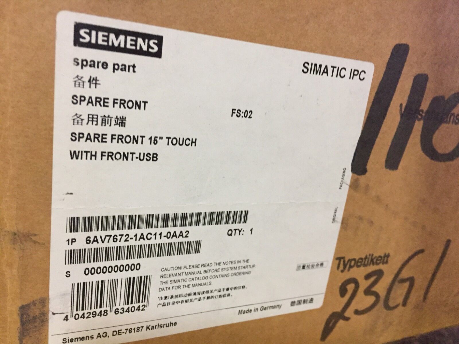 SIEMENS TOUCH PANEL 1P A5E02713423 15T 677B/C W/0 USB 6AV76721AC110AA2