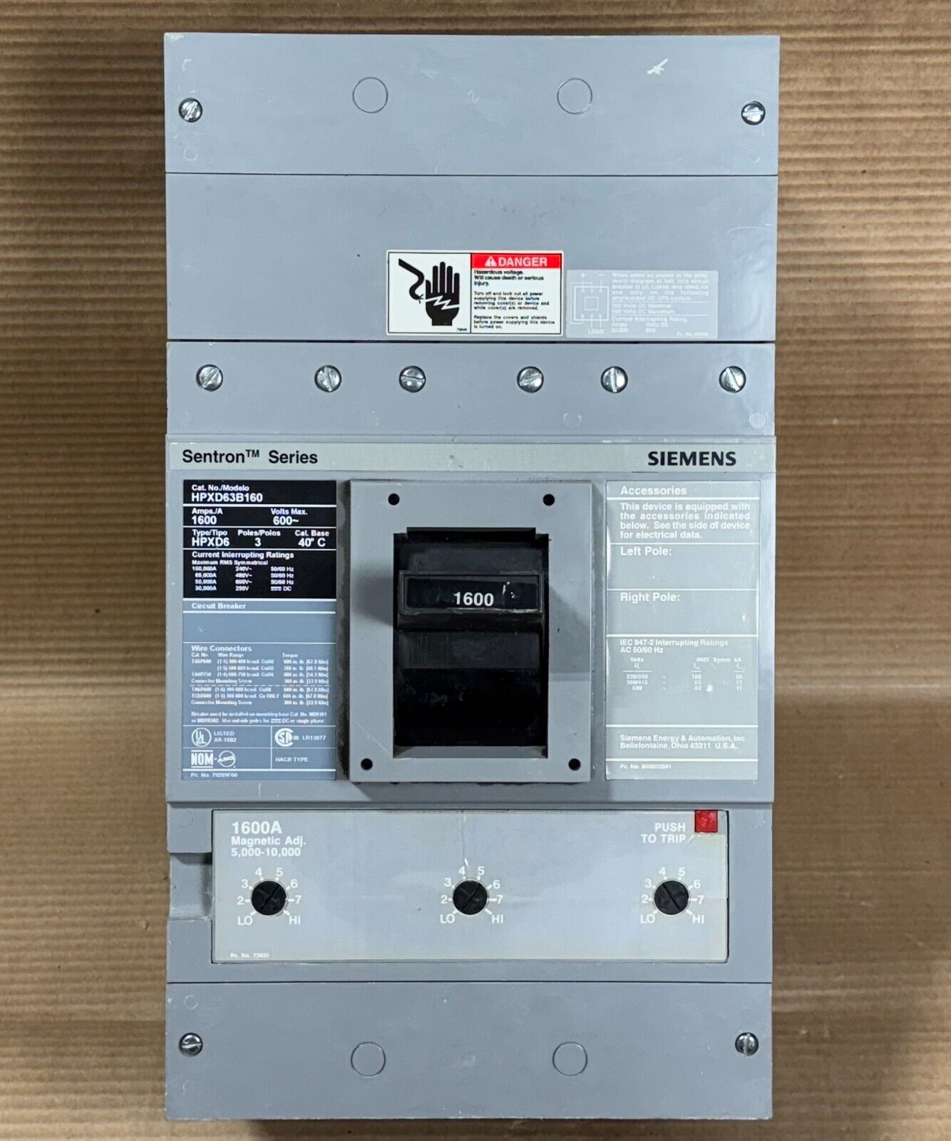 ITE SIEMENS HPXD6 HPXD63B160 3 POLE 1600 AMP 600V CIRCUIT BREAKER W/ TEST REPORT