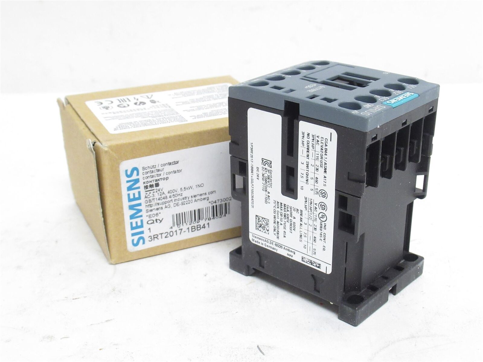 241860 New In Box; Siemens 3RT2017-1BB41 Contactor 3P; 12A; 400VAC; Coil: 24VDC