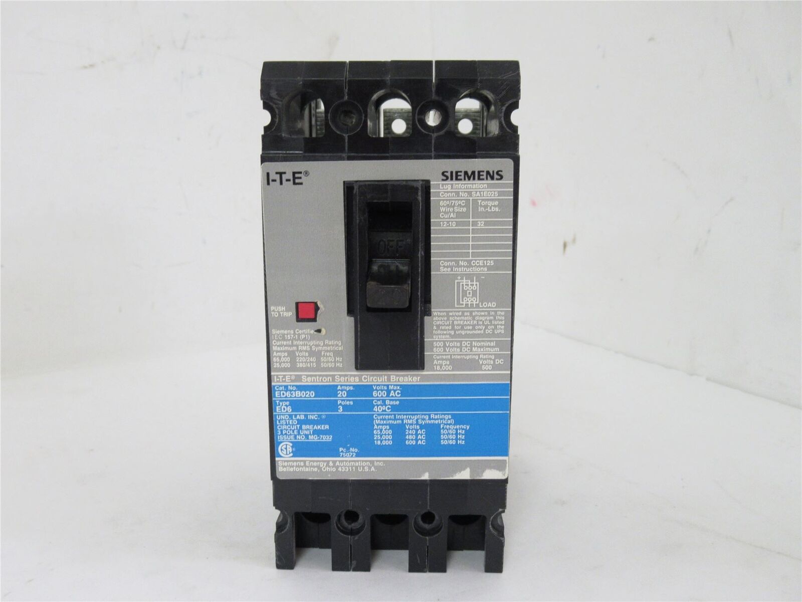 229366 Old-Stock; Siemens ED63B020 Molded Case Circuit Breaker; 20A; 600V