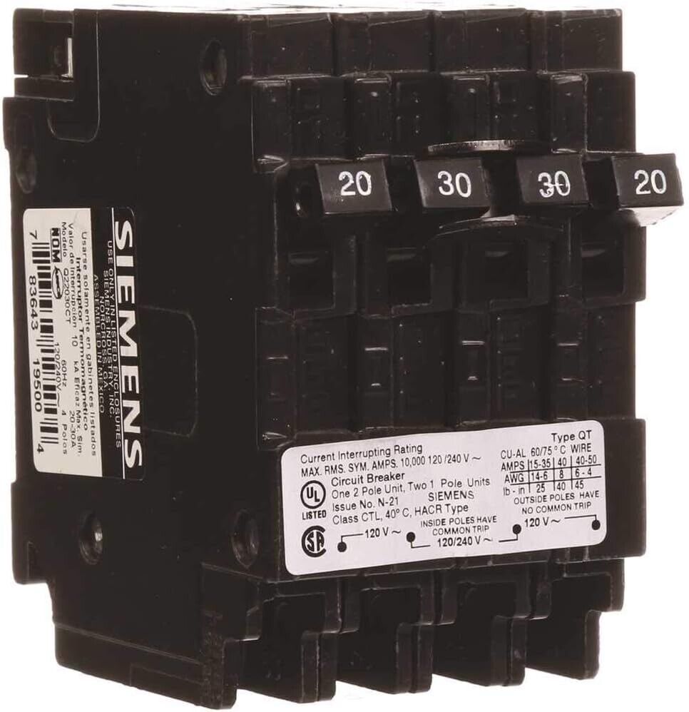 BRAND NEW SIEMENS Q22030CT One 30 Double Two 20-Amp Single Pole Circuit Breaker
