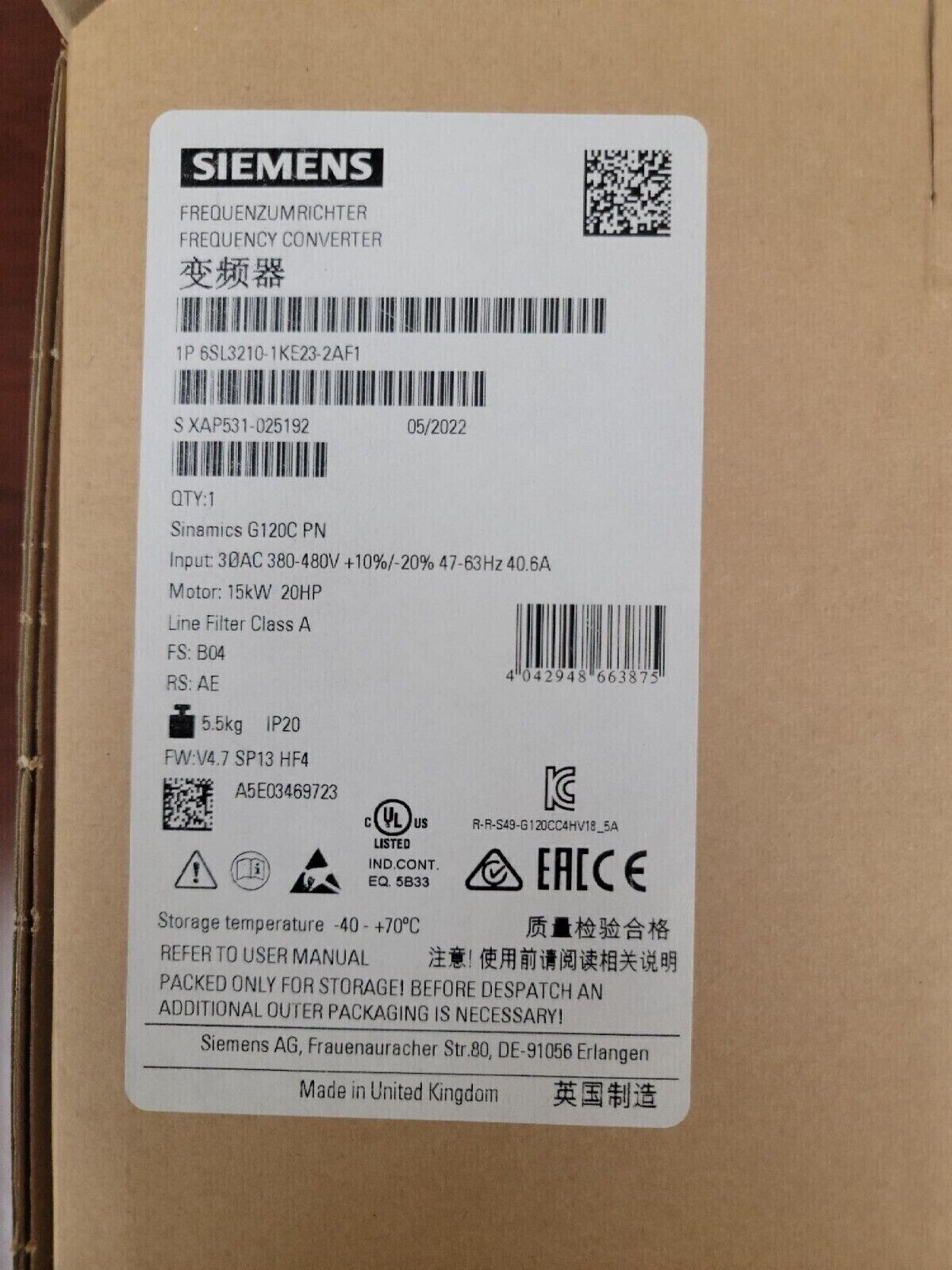 6SL3210-1KE23-2AF1 New Siemens SINAMICS G120C Inverter 6SL3210-1KE23-2AF1
